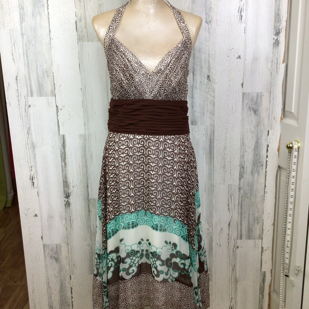 Signature by Sangria Brown and Teal Halter‎ Asymmetrical Midi Dress